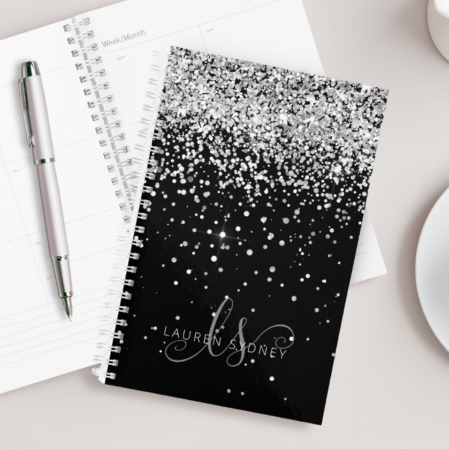 Agenda Glam Black Silver Glitter Monograma (Criador carregado)