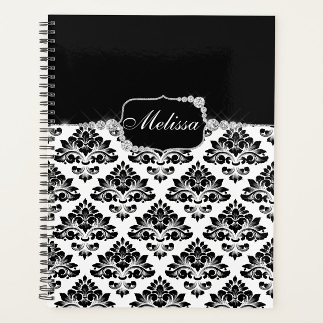 Agenda Glam Elegante Black White Damask Diamantes Bath Ma (Frente)