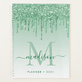 Agenda Glam Mint Green Glitter Drips Girly Monograma 2021