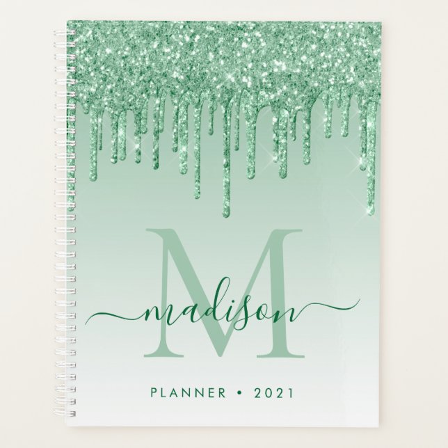 Agenda Glam Mint Green Glitter Drips Girly Monograma 2021 (Frente)