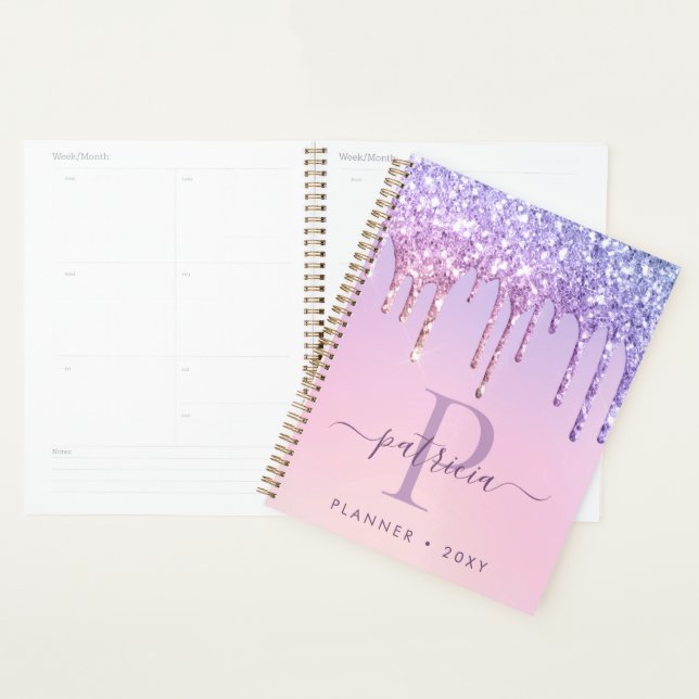 Agenda Glam Purple Glitter Drives Elegante Monograma Plan (Exibição)