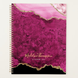 Agenda Glam Rosa Magenta Veludo Ágata Geodo Dourado Scrip