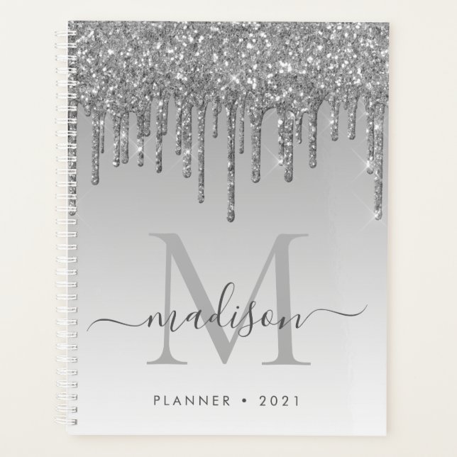 Agenda Glam Silver Cinza Glitter Drips Girly Monograma 20 (Frente)