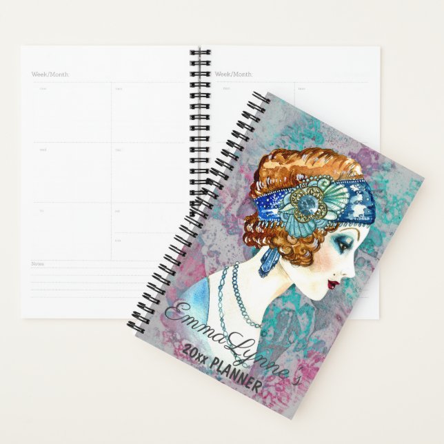 Agenda Glamourous Flapper Girl Cinza Planner (Exibição)