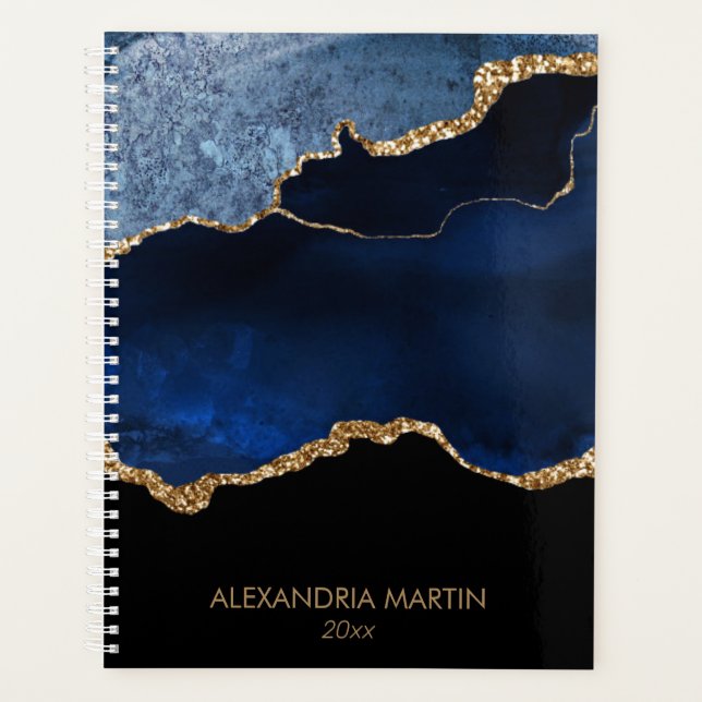 Agenda Glitter Azul Dourado do Marinho Moderno (Frente)