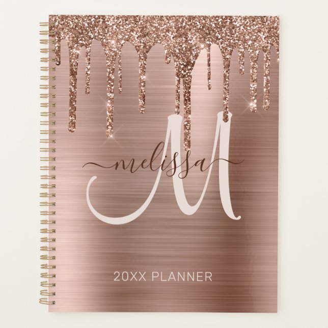 Agenda Glitter de gota Dourada de Rosa chic com escova de (Frente)