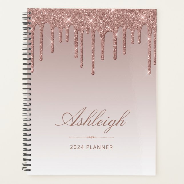 Agenda Glitter de luxo chic Rosa Dourado 2024 (Frente)