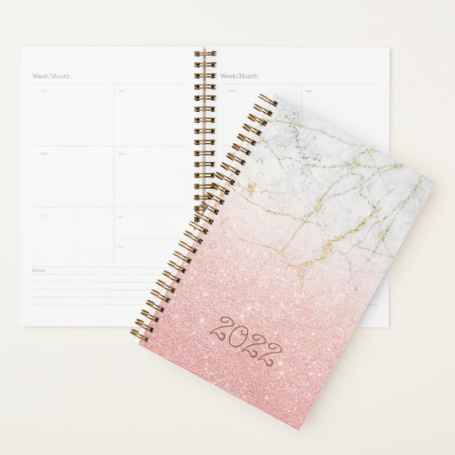 Agenda Glitter de mármore Dourado com 22 Rosa personaliza (Exibição)