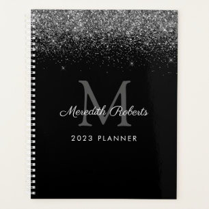 Agenda Glitter de prata cúbica monograma preto 2022