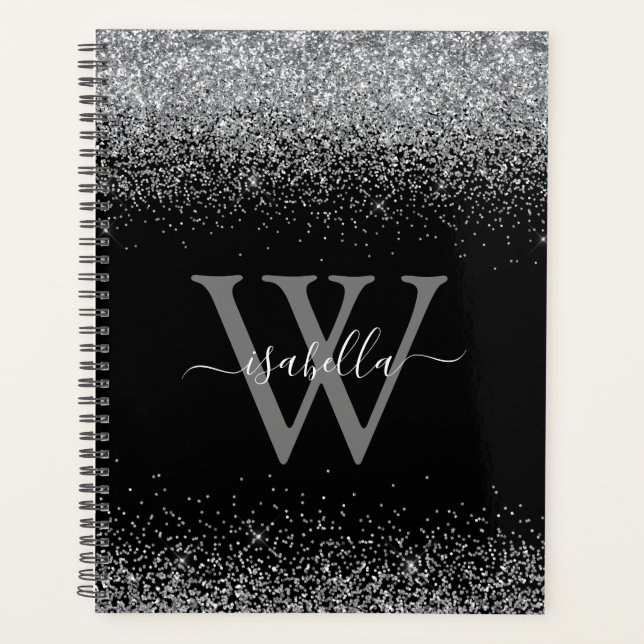 Agenda Glitter de Sliver Preto Monogramado Script (Frente)