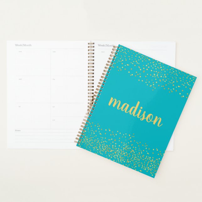 Agenda Glitter Dourado Confetti | Teal Personalizado (Exibição)