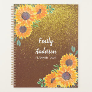 Agenda Glitter Dourado de girassol personalizado