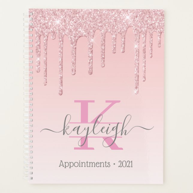 Agenda Glitter Dourado Girly Rosa Monograma 2021 (Frente)
