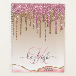 Agenda Glitter Dourado Girly Rosa Monograma 2021