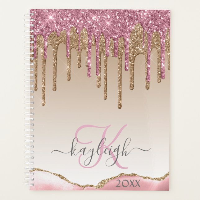 Agenda Glitter Dourado Girly Rosa Monograma 2021 (Frente)