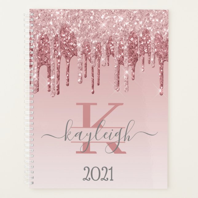 Agenda Glitter Dourado Girly Rosa Monograma 2021 (Frente)