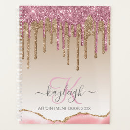 Agenda Glitter Dourado Girly Rosa Monograma 2024