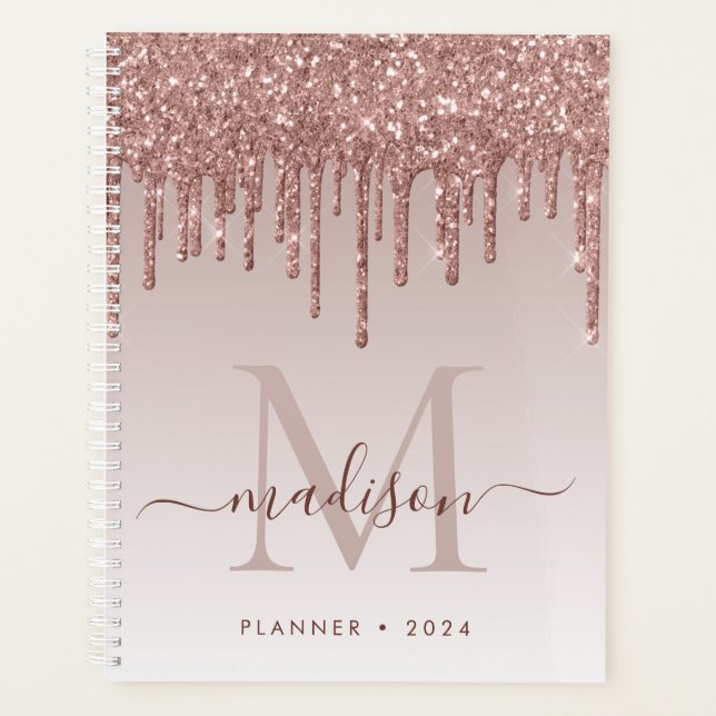 Agenda Glitter Dourado Rosa Glam Monograma Elegante 2022 (Frente)