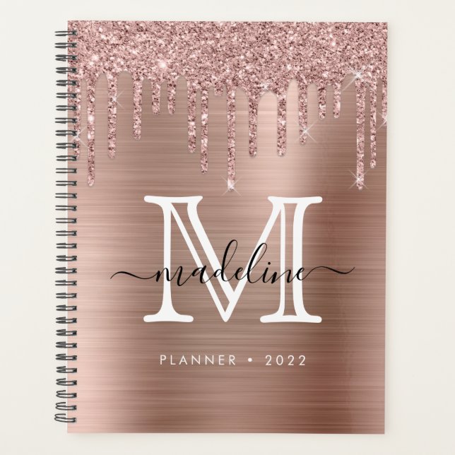 Agenda Glitter Drives Escovados Monograma Dourado de Rosa (Frente)