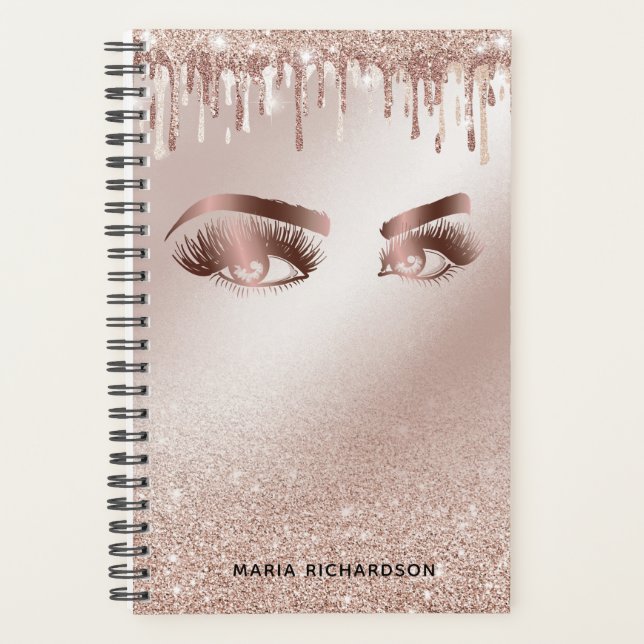 Agenda Glitter Gotas Maquiagem Olhos-de-Orelha Rosa Doura (Frente)