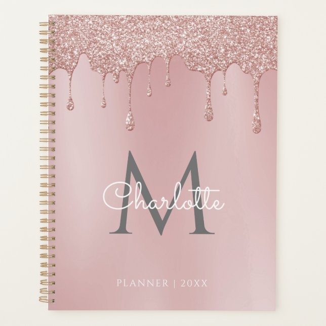 Agenda Glitter Gotas Rosa Empoeirado Monograma Script 202 (Frente)
