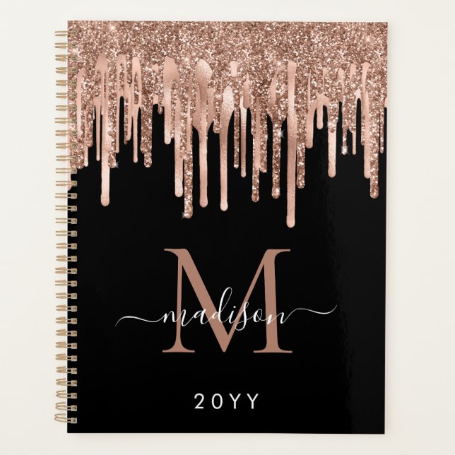 Agenda Glitter metálico Dourado de Rosa preto monograma (Frente)
