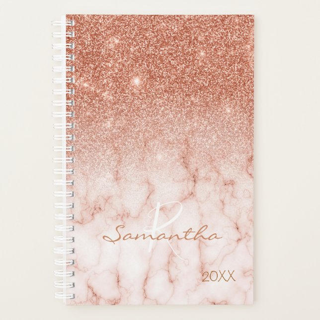 Agenda Glitter Ombre Mármore em Rose Gold Monograma Anual (Frente)