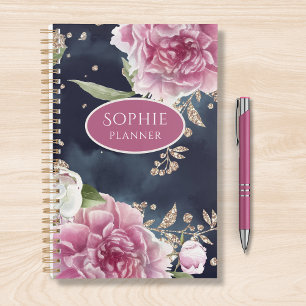 Agenda Glitter Personalizado, Cor de Água Rosa, Cinza Fl