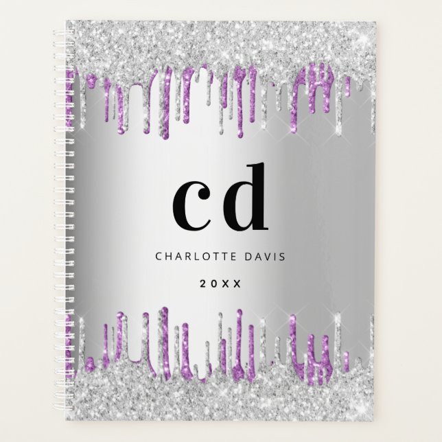 Agenda Glitter prateado goteja monograma roxo 2022 metal (Frente)