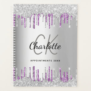 Agenda Glitter prateado pingava monograma de metal roxo 2