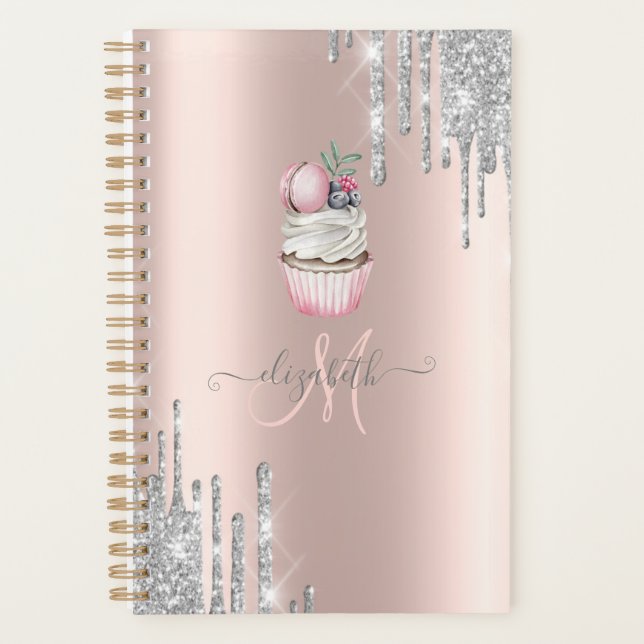 Agenda Glitter prateado Rosa Cupcake Monograma Dourado (Frente)