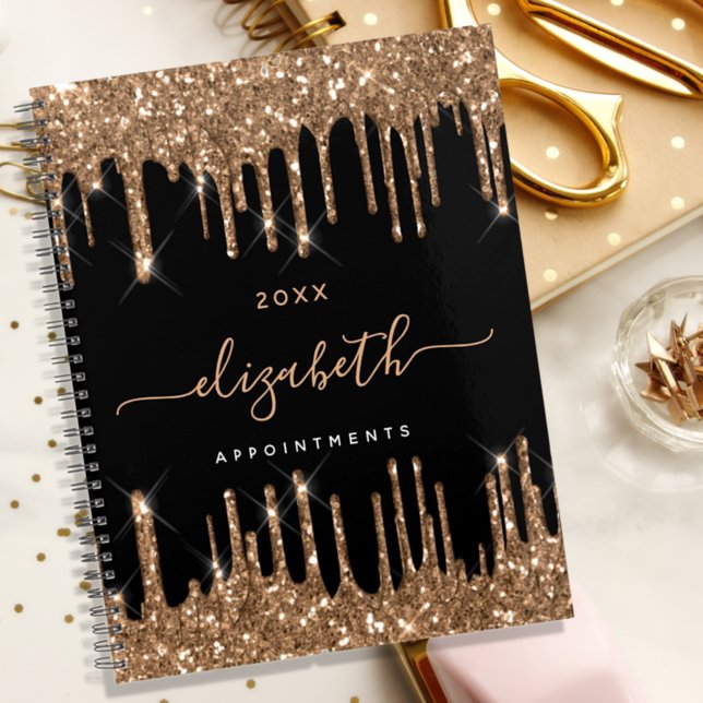 Agenda Glitter preto dourado goteja nome do monograma 202 (Criador carregado)