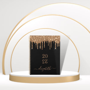 Agenda Glitter preto dourado goteja nome do monograma 202