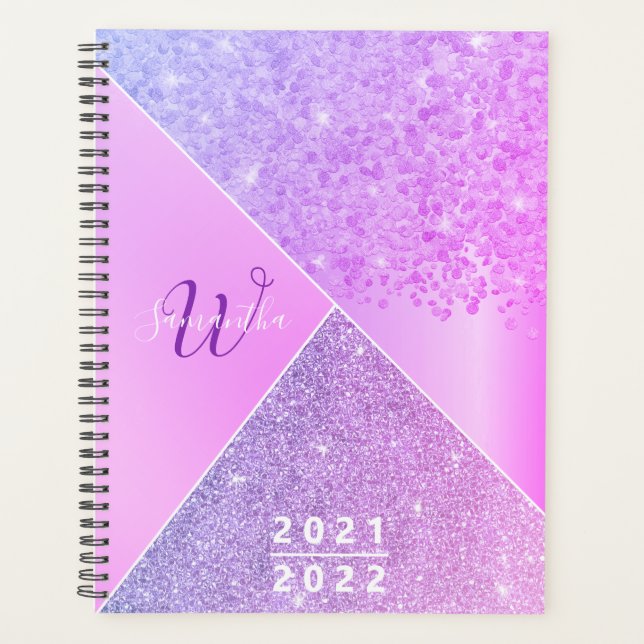 Agenda Glitter Rosa Roxo Monograma Glitter 2021 2022 (Frente)
