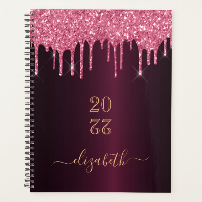 Agenda Glitter rosado borgonha pia monograma (Frente)