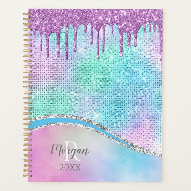 Agenda Glitter Roxo, Iridescente, Nome e Monograma (Frente)