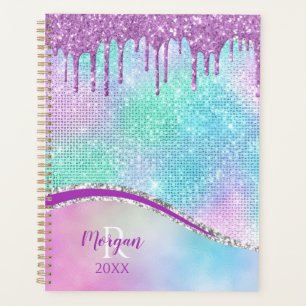 Agenda Glitter Roxo, Iridescente, Nome e Monograma