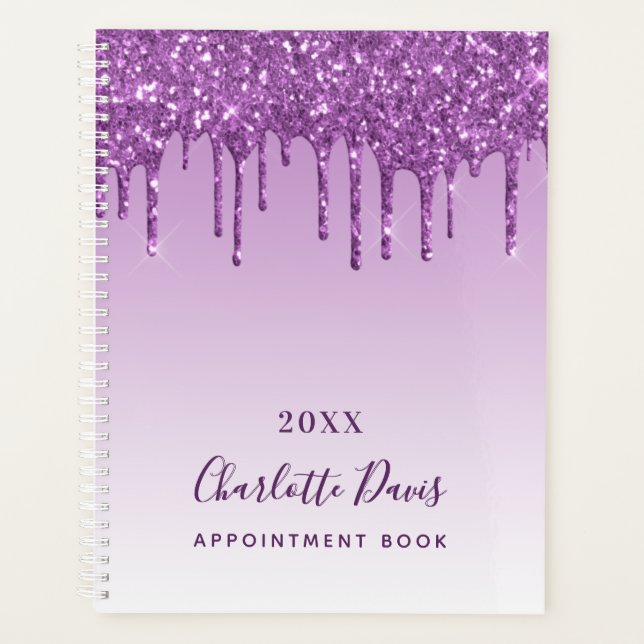 Agenda Glitter roxo pingue o nome do monograma violeta (Frente)