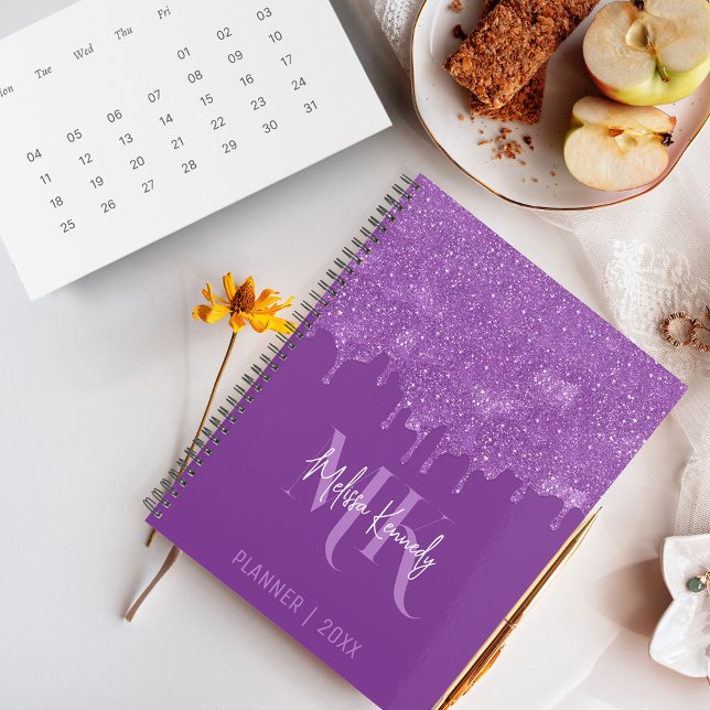Agenda Glitter Roxo-Roxo-Chic Gota Monograma e Nome (Criador carregado)
