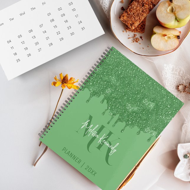 Agenda Glitter Verde Girly Chic Coloca Monograma Com Nome (Criador carregado)