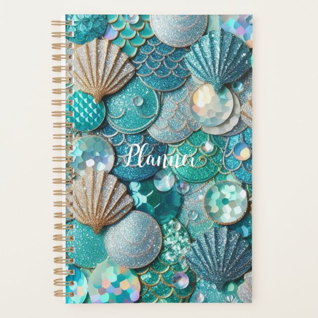 Agenda Glittery Teal Mermaid Tail Scales Impressão (Frente)