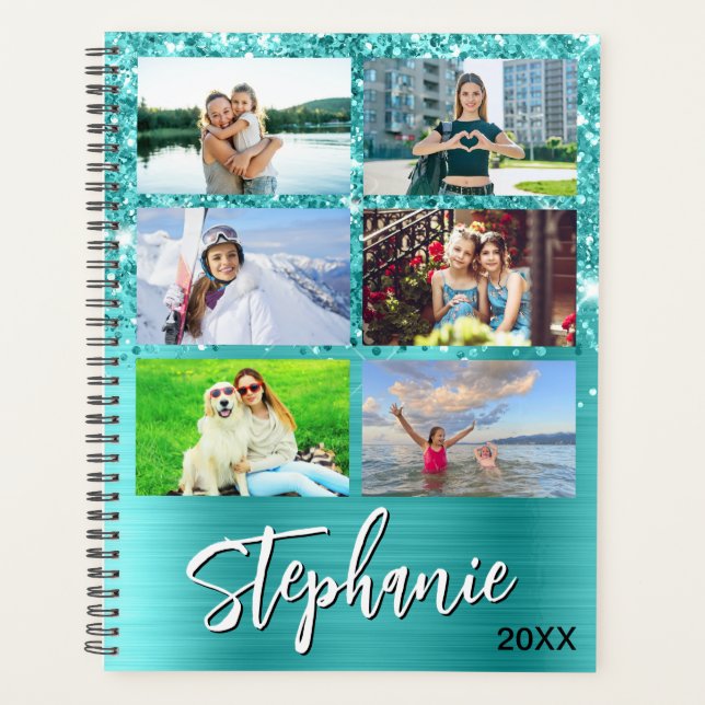 Agenda Glittery Turquoise Blue Glam 14 Photo Collage (Frente)