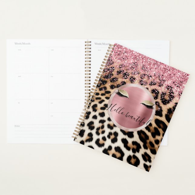 Agenda Glitzy Cor de rosa Leve Dourada Eyelashes Leopardo (Exibição)