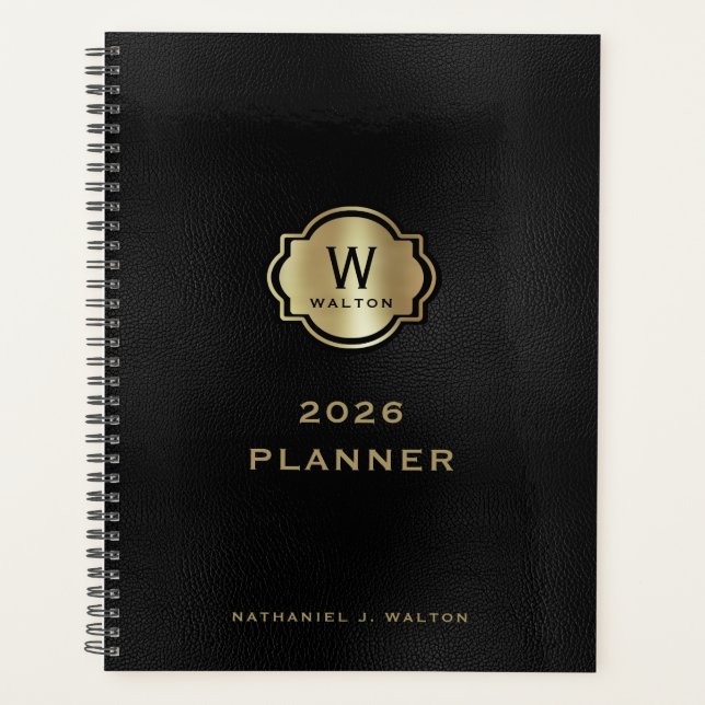 Agenda Gold Monogram Black Leather Look (Frente)