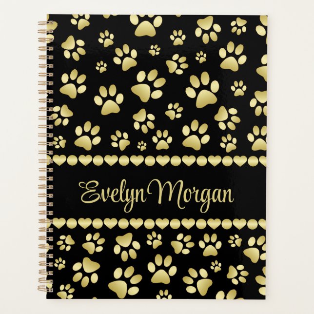 Agenda Golden Paw Prints on Black with Custom Name (Frente)