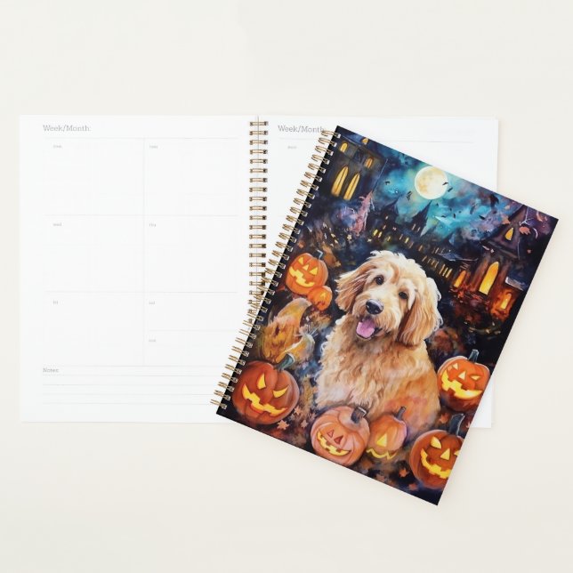 Agenda Goldendoodle de Halloween com Abóboras Assustadora (Exibição)