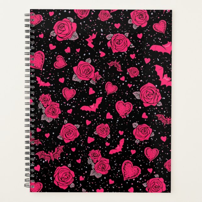 Agenda Gothic Roses & Bats Pattern | Hot Pink Dark Romanc (Frente)