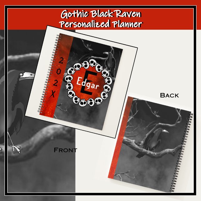 Agenda Gótica Black Raven Skulls Orange Moon Personalizad (For fans of the dark and dreary. Personalized, monogrammed notebook with a foggy night background.)