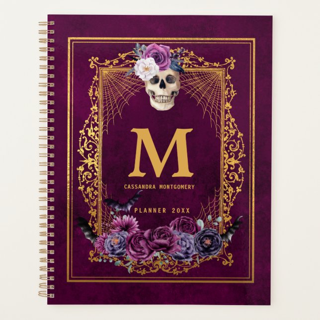 Agenda Gótica Crânio magenta Monograma Personalizado (Frente)
