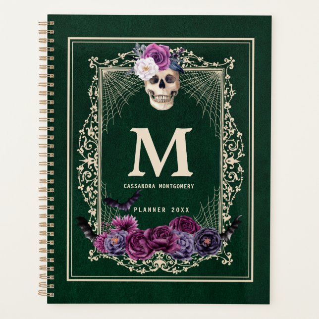 Agenda Gótica Floral Crânio Personalizado Monograma e Nom (Frente)